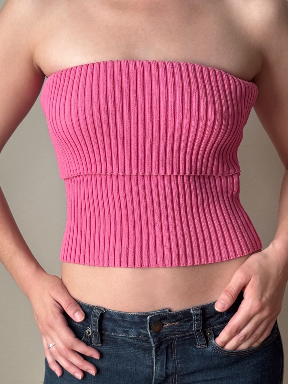 Zara Ribbed Strapless Crop Top - Bright Pink